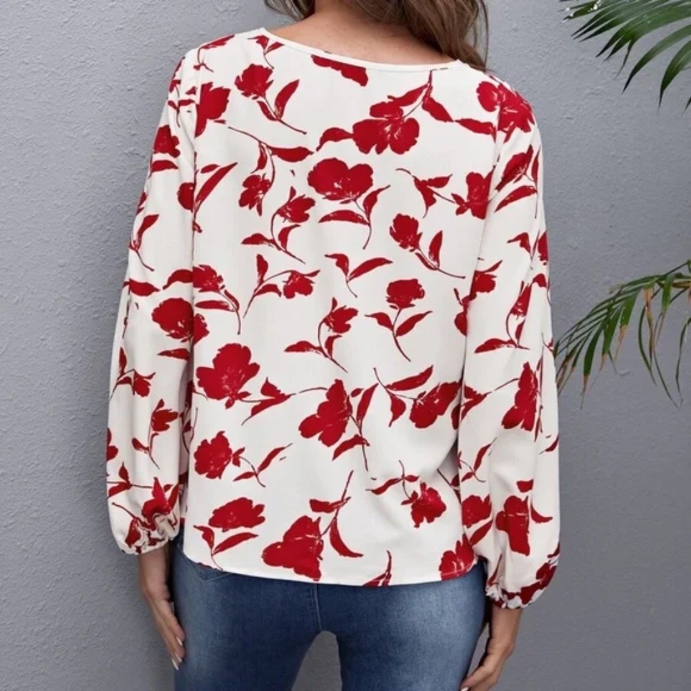 Boho Red floral print bishop sleeve top - Picture 3 of 5